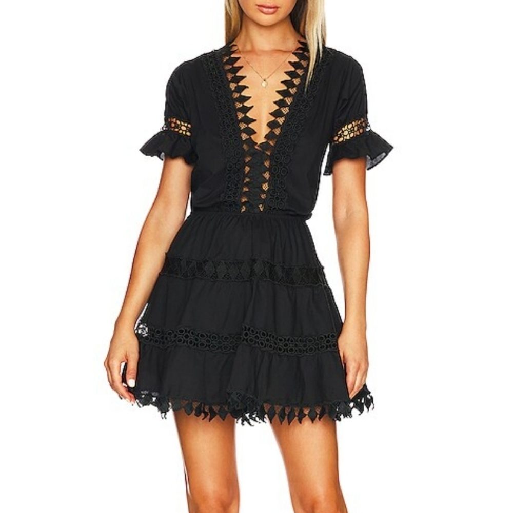 Peixoto Ora Embroidered Lace Mini Dress in Black XS